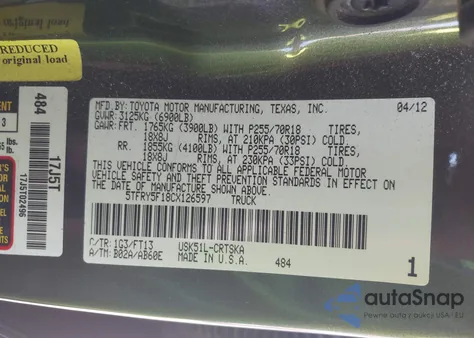 2012 Toyota Tundra Grade 5.7L V8 из США, поврежденный, VIN 5TFRY5F18CX126597